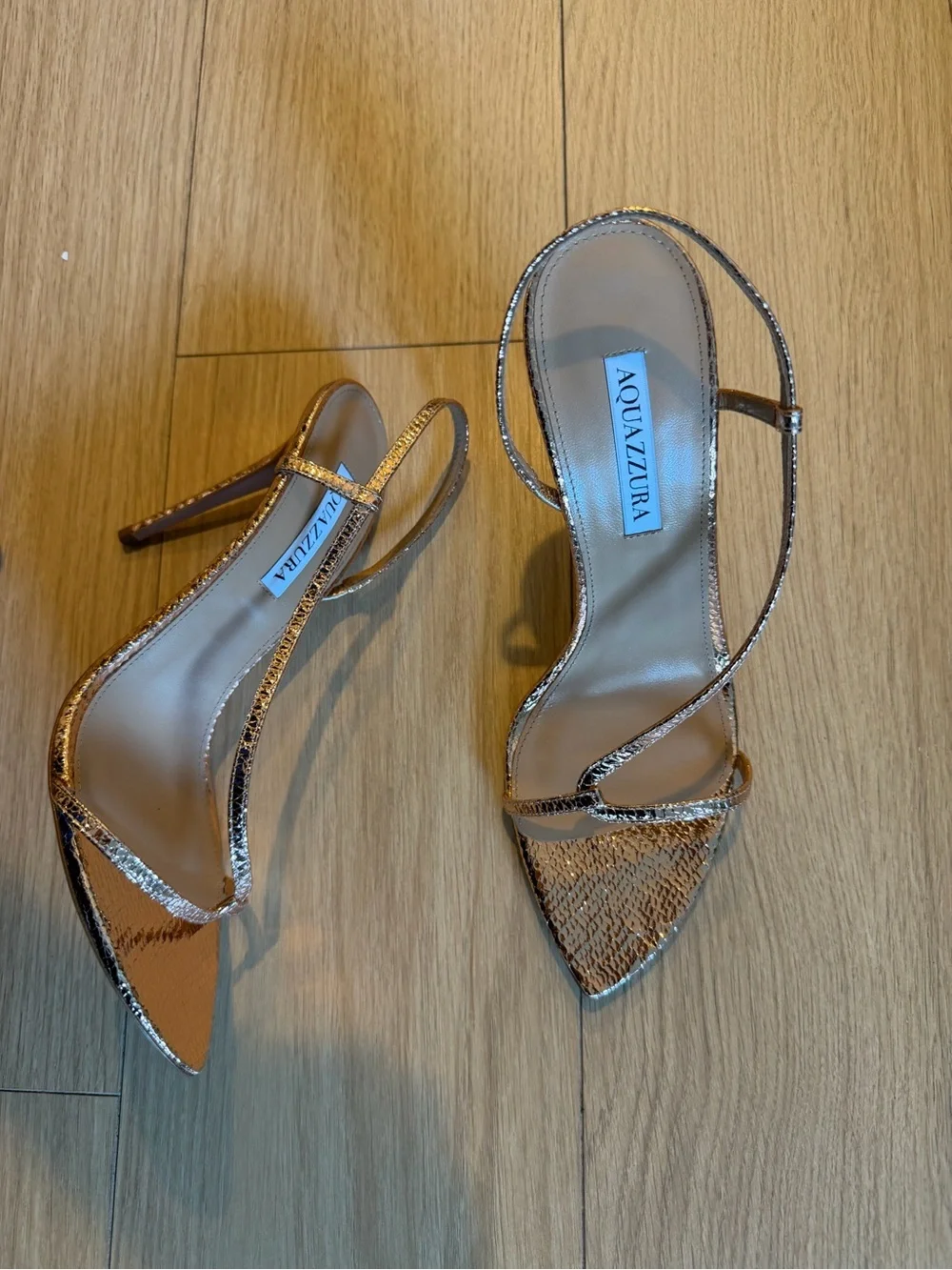 Aquazzura Metallic Bronze Pointed Toe Strappy Heels